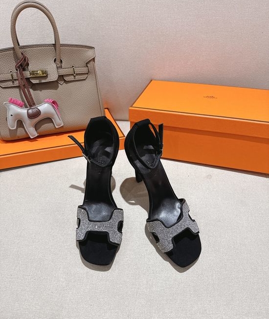 Hermes Square Toe Rhinestone High Heel Elegant Sandals