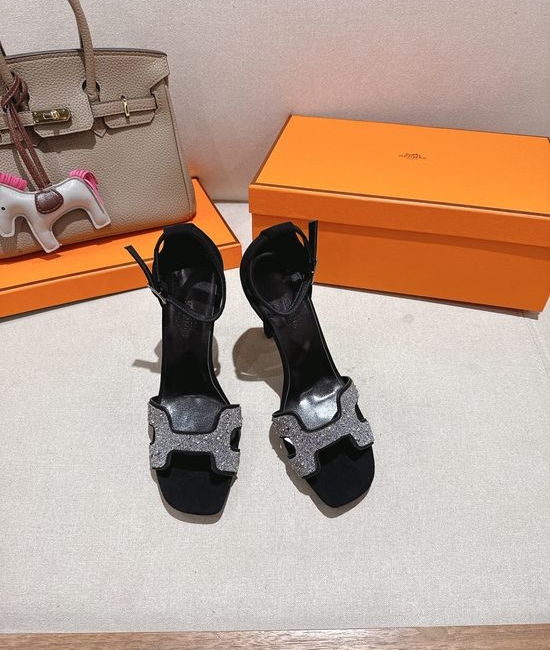 Hermes Square Toe Rhinestone High Heel Elegant Sandals