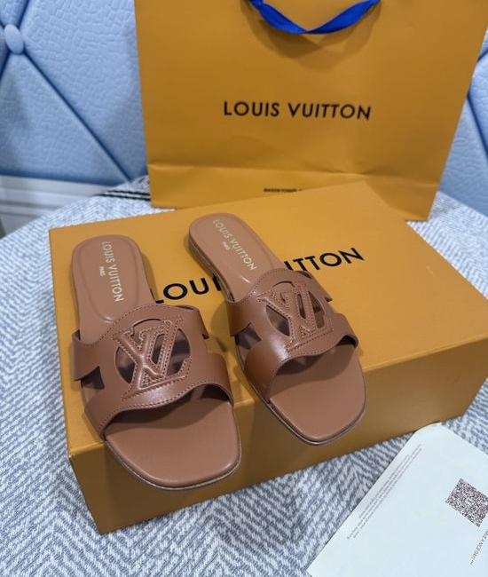 Louis Vuitton LV Denim Canvas Open Toe Flat Sandals with Leather Trims