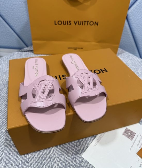 Louis Vuitton LV Denim Canvas Open Toe Flat Sandals with Leather Trims