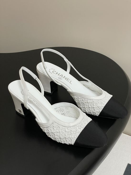 Chanel Lace Mesh Slingback Sandals Two Tone Elegant Leather Sole