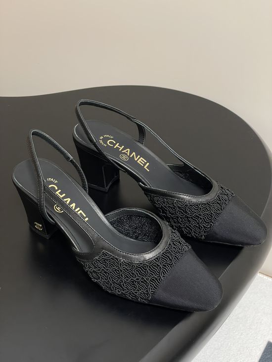 Chanel Lace Mesh Slingback Sandals Two Tone Elegant Leather Sole