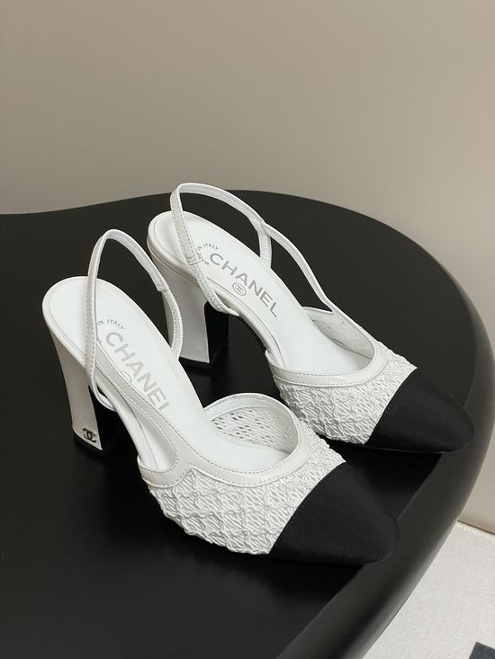 Chanel Lace Mesh Slingback Sandals Two Tone Elegant Leather Sole