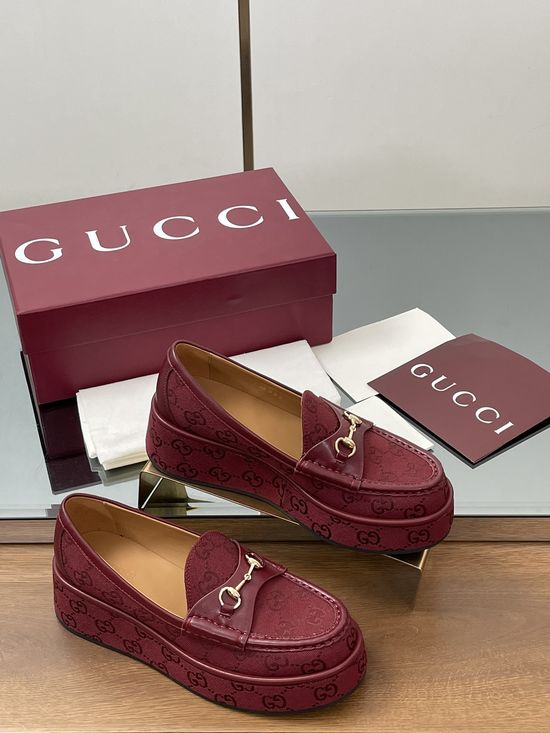 Gucci Embossed Platform Wedge Loafers with Classic Buckle Detail