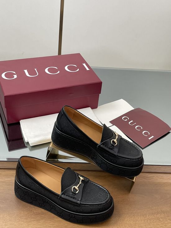 Gucci Embossed Platform Wedge Loafers with Classic Buckle Detail