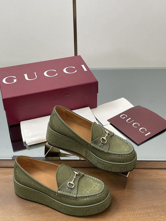 Gucci Embossed Platform Wedge Loafers with Classic Buckle Detail