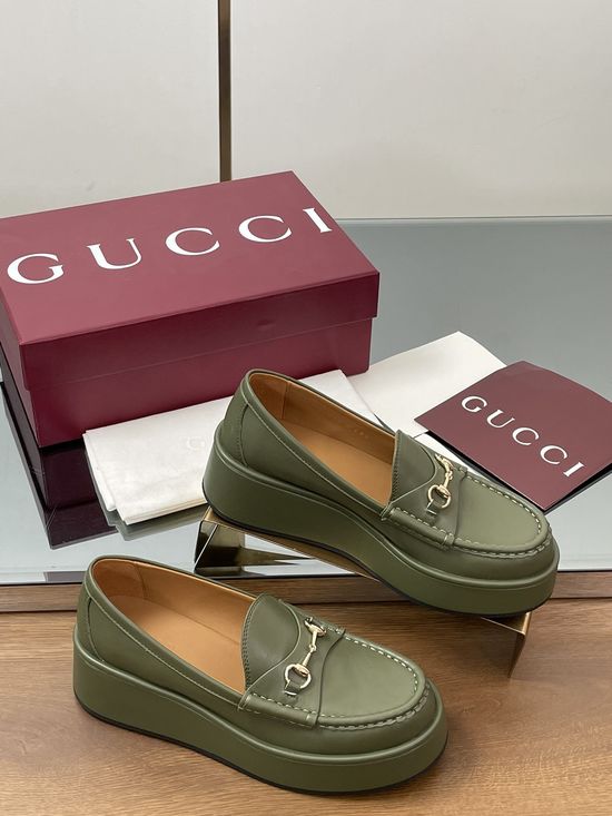 Gucci Smooth Leather Platform Wedge Loafers with Decorative Buckle