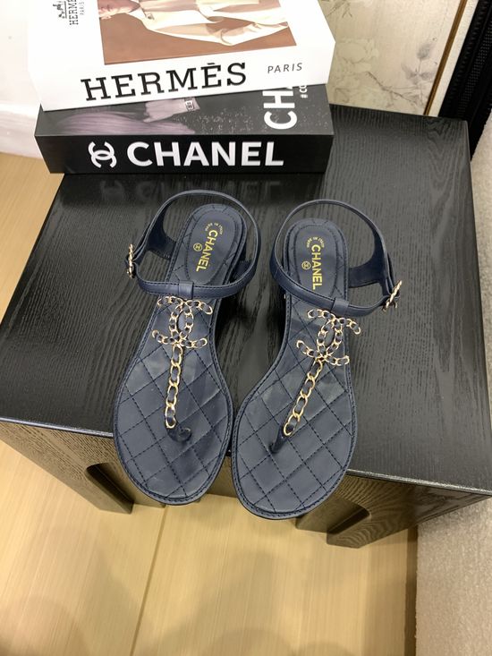 Chanel Premium Leather Toe-Post Sandals With Leather Sole
