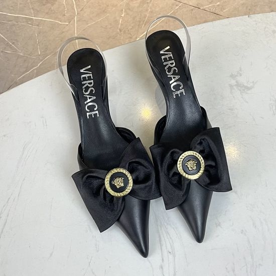 Versace Cowhide Silk Bow Low Heel Slide Sandals