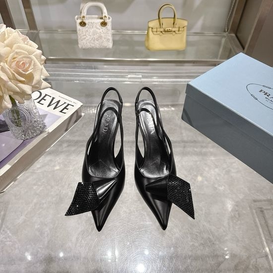 Prada Rhinestone Decor Polished Leather High Heel Sandals