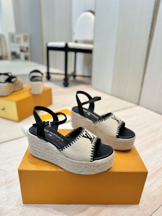 Louis Vuitton Woven Wedge Sandals Printed Upper Leather Lining
