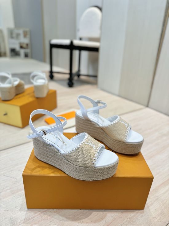 Louis Vuitton Woven Wedge Sandals Printed Upper Leather Lining