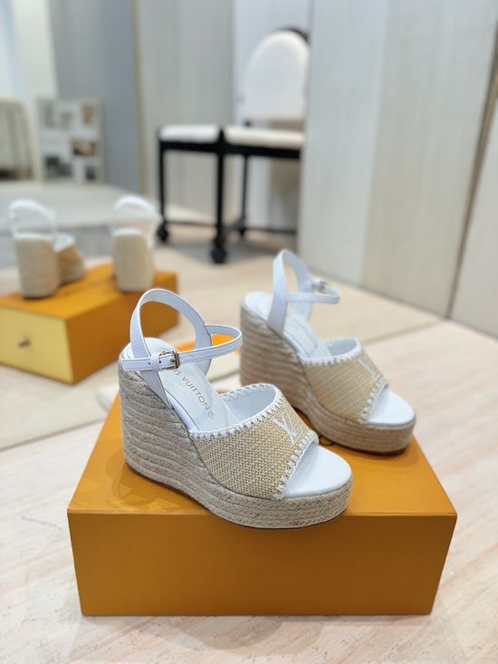 Louis Vuitton High Heel Woven Wedge Sandals Leather Lining