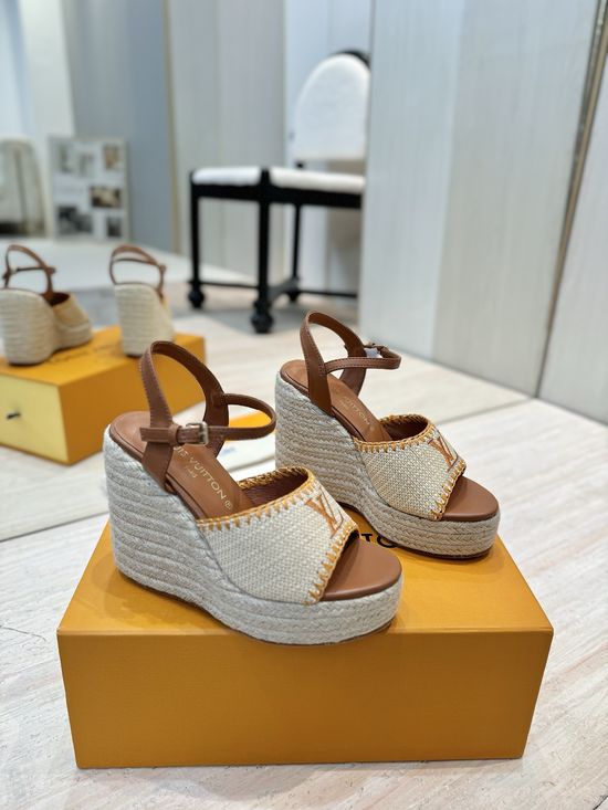Louis Vuitton High Heel Woven Wedge Sandals Leather Lining