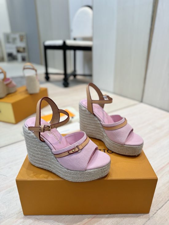 Louis Vuitton High Heel Woven Wedge Sandals Leather Lining
