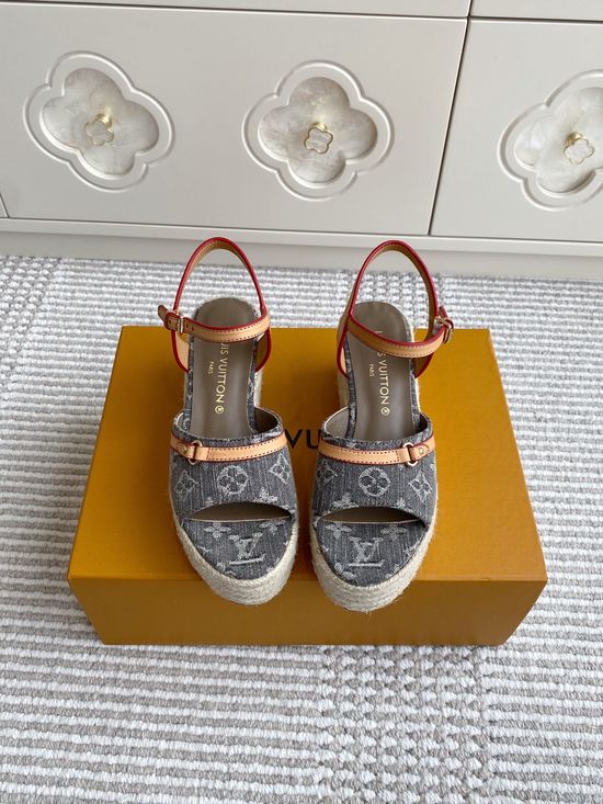 Louis Vuitton Denim Printed Woven Espadrille Wedge Sandals