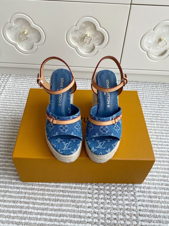 Louis Vuitton Denim Printed Woven Espadrille Wedge Sandals