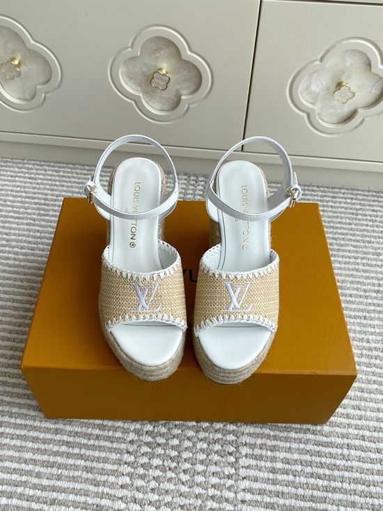 Louis Vuitton Woven Espadrille Wedge Sandals with Printed Upper