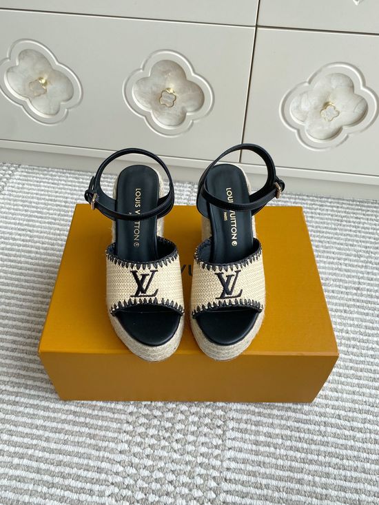 Louis Vuitton Woven Espadrille Wedge Sandals with Printed Upper