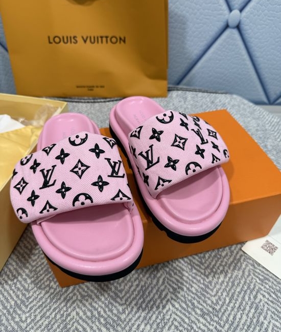 Louis Vuitton LV Embossed Logo Adjustable Slides with Soft Lining