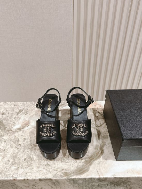 Chanel Elevated Platform Shoes with Decorative Chain Accent