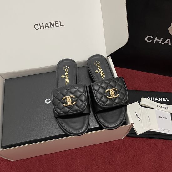 Chanel Timeless Quilted Buckle Leather Slip On Slides Premium
