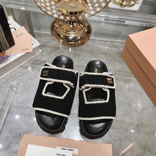 Miu Miu Woven Slip-on Platform Slides Adjustable Hook Loop Non-slip Sole