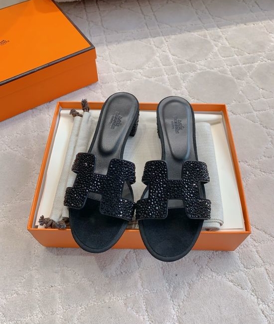Hermes Rhinestone Decor Slide Sandals Elegant Leather Lined