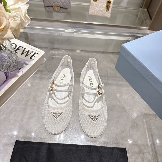 Prada Mesh Mary Jane Flats with Gold Buckle