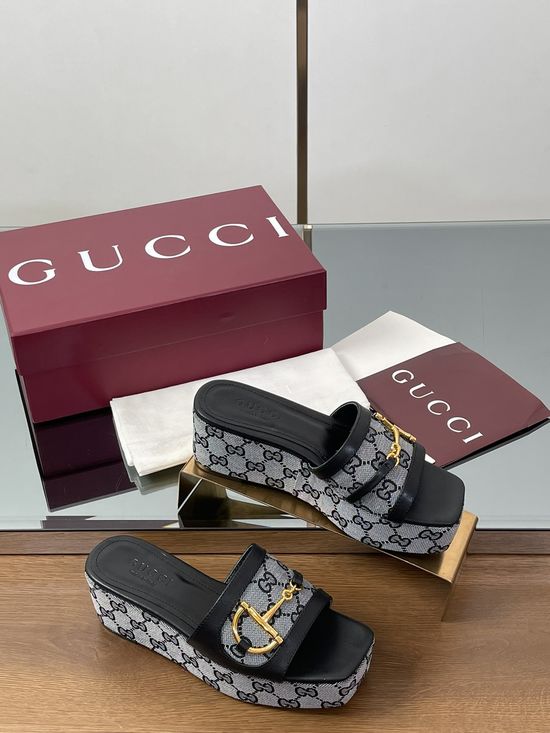 Gucci Wedge Platform Slide Sandals with Metal Buckle Detail