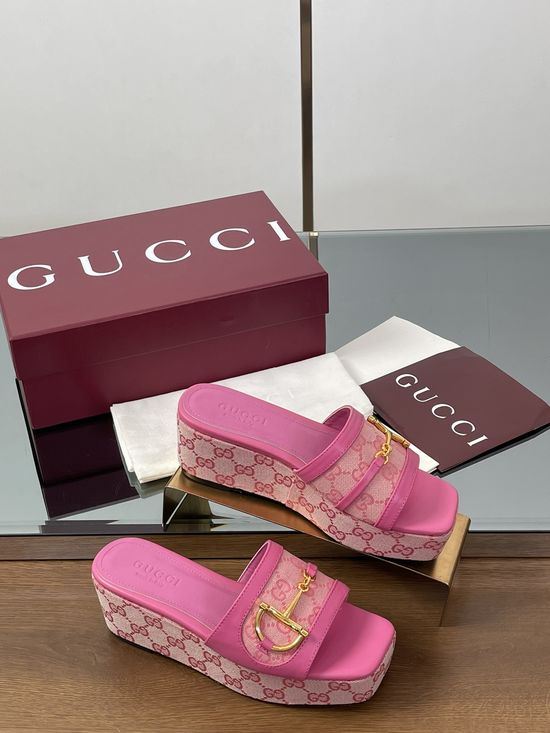 Gucci Wedge Platform Slide Sandals with Metal Buckle Detail