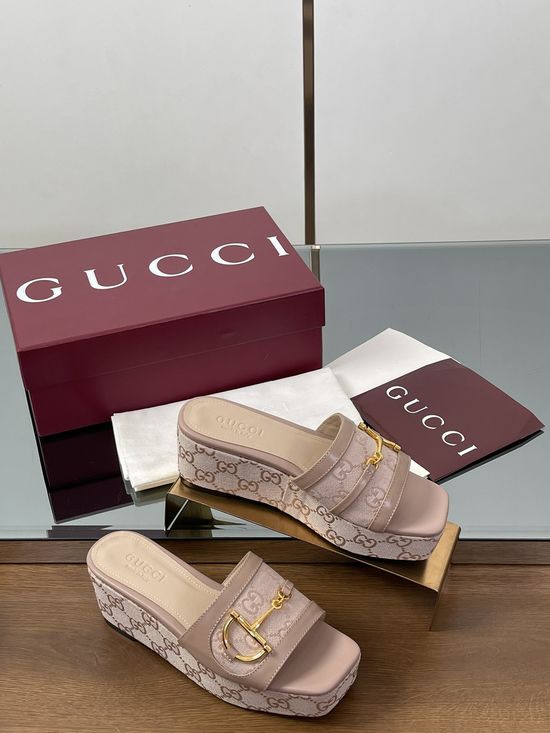 Gucci Wedge Platform Slide Sandals with Metal Buckle Detail