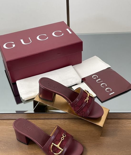 Gucci Gold Buckle Sheepskin Block Heel Slide Sandals