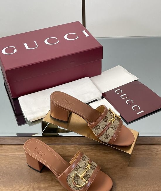 Gucci Gold Buckle Sheepskin Block Heel Slide Sandals