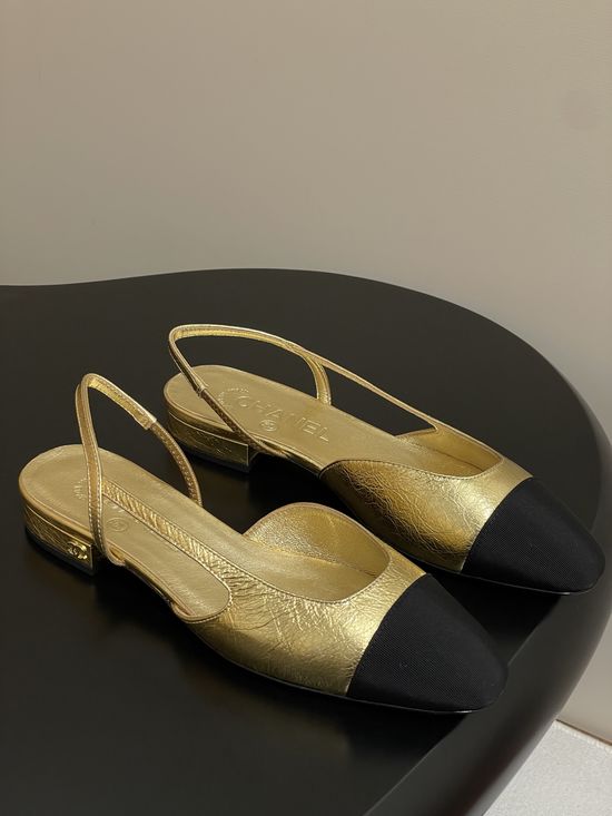 Chanel Metallic Slingback Sandals Classic Two Tone Leather Sole