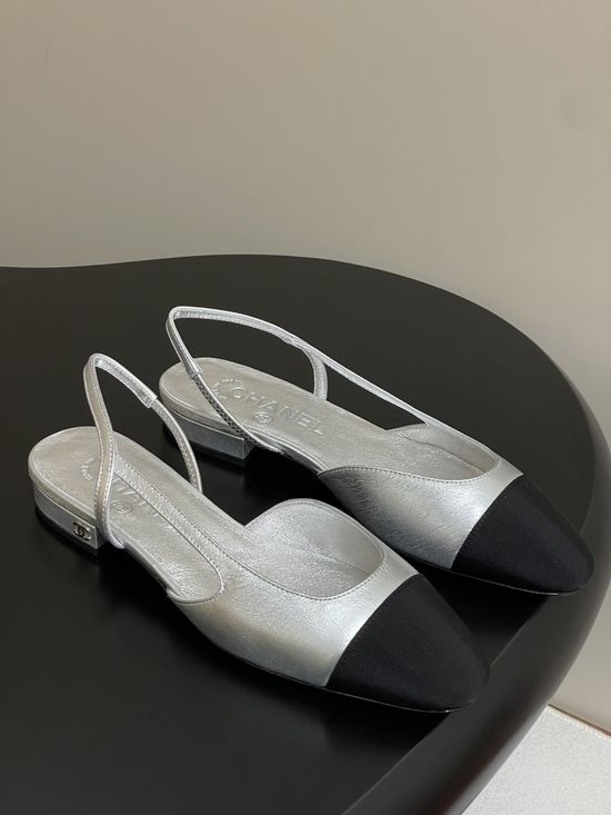 Chanel Metallic Slingback Sandals Classic Two Tone Leather Sole