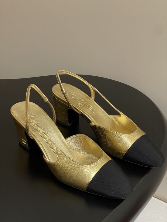 Chanel Metallic Slingback Sandals Classic Two Tone Leather Sole