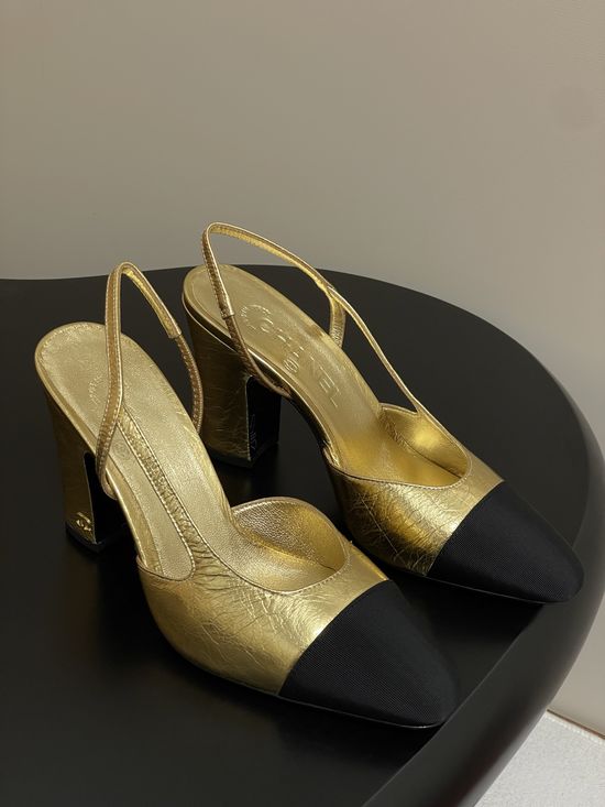Chanel Metallic Slingback Sandals Classic Two Tone Leather Sole