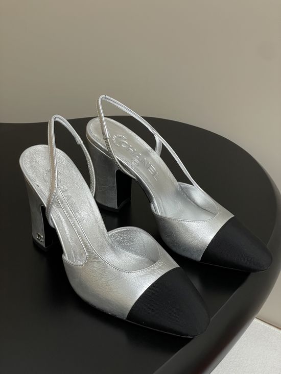Chanel Metallic Slingback Sandals Classic Two Tone Leather Sole