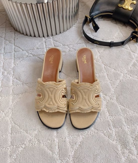 Celine Denim Chunky Heel Slippers with Sheepskin Lining