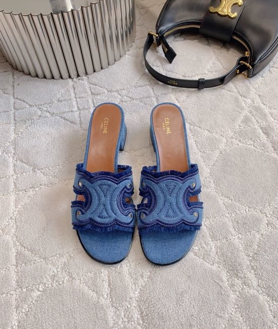 Celine Denim Chunky Heel Slippers with Sheepskin Lining