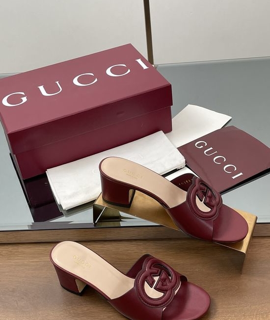 Gucci Hollow Out Embellished Mid Heel Open Toe Slides