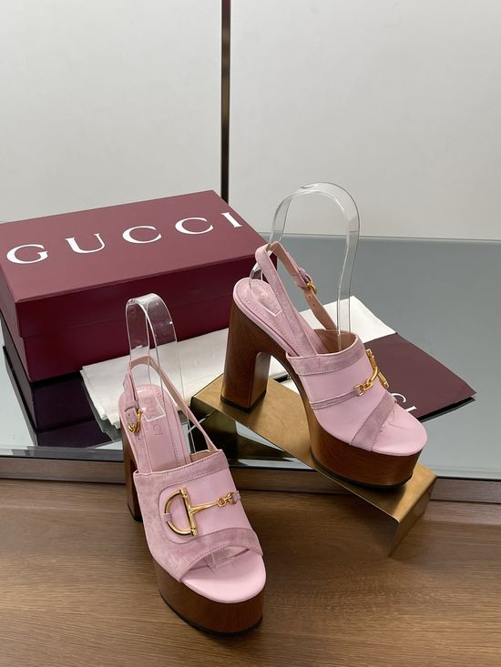 Gucci Gold Buckle Platform Wedge Heel Sandals