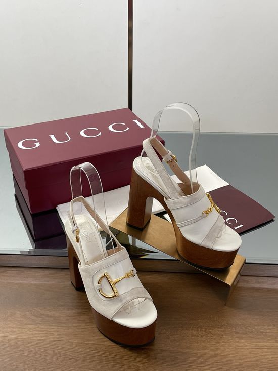 Gucci Gold Buckle Platform Wedge Heel Sandals
