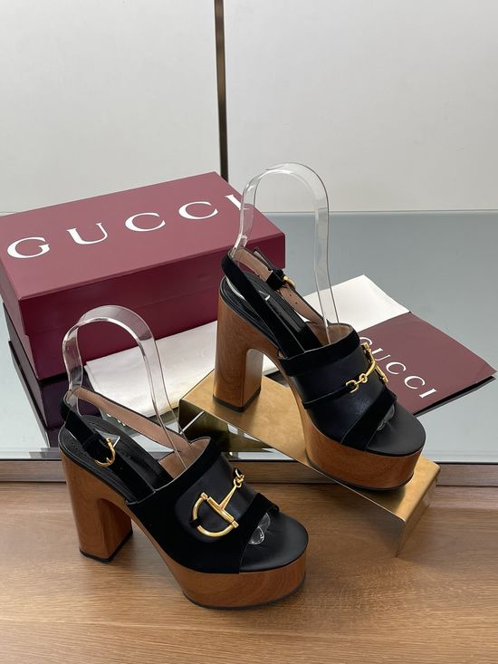 Gucci Gold Buckle Platform Wedge Heel Sandals