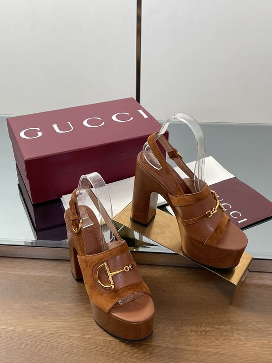 Gucci Gold Buckle Platform Wedge Heel Sandals