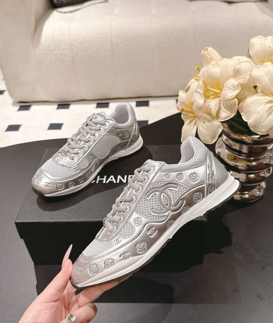Chanel Embossed Pattern Leather Breathable Casual Sneakers
