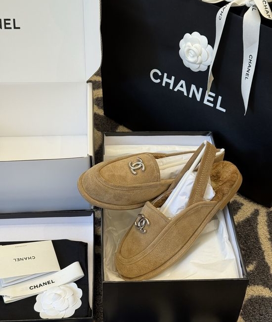 Chanel Faux Fur Lined Suede Mules With Leather Sole