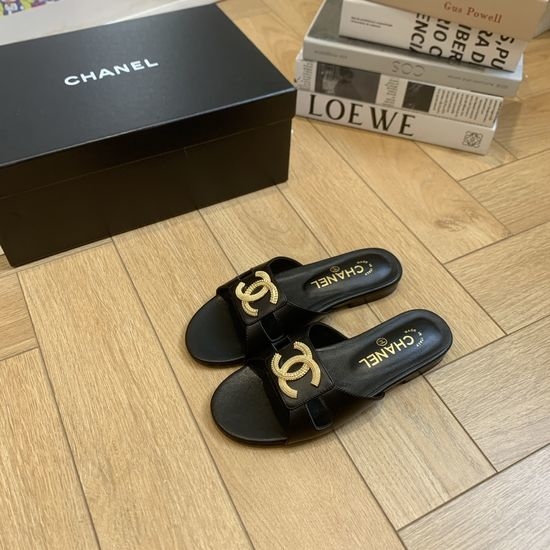 Chanel Rhinestone Logo Slide Sandals Soft Silk Lined
