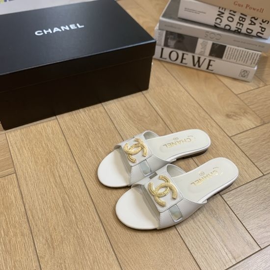 Chanel Rhinestone Logo Slide Sandals Soft Silk Lined